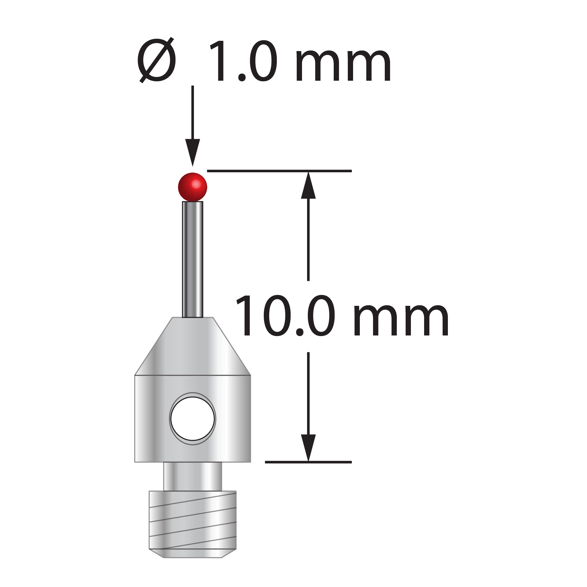 M3 stylus with 1.0 mm diameter ruby ball, 0.7 mm diameter carbide stem, and 4.0 mm diameter x 5.0 mm long stainless steel base. Overall stylus length is 10.0 mm. Stylus weight is 0.55 gram.