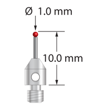 M3 stylus with 1.0 mm diameter ruby ball, 0.7 mm diameter carbide stem, and 4.0 mm diameter x 5.0 mm long stainless steel base. Overall stylus length is 10.0 mm. Stylus weight is 0.55 gram.