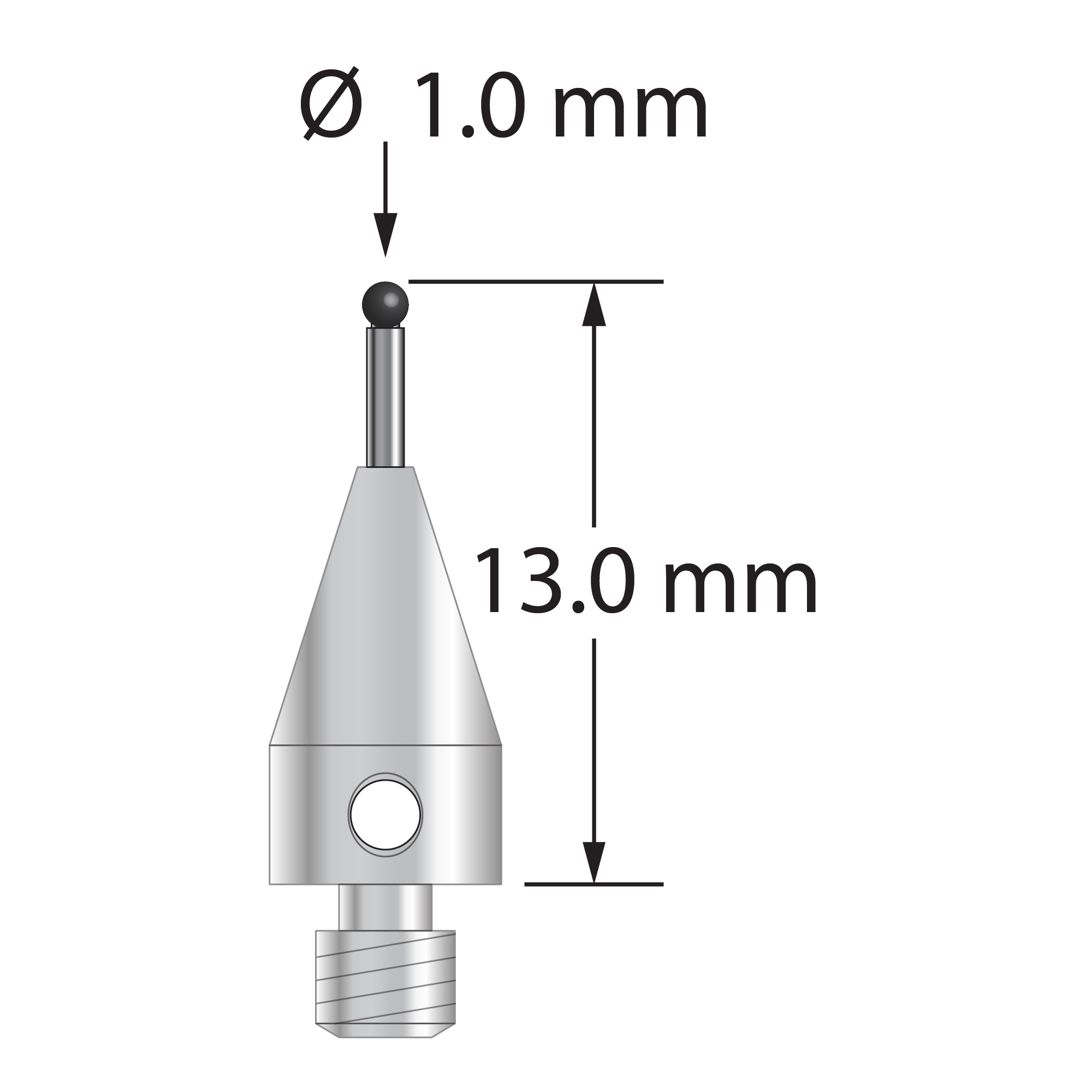M3 stylus with 1.0 mm diameter silicon nitride ball, 0.8 mm diameter carbide stem, and 5.0 mm diameter x 9.0 mm long titanium base. Overall stylus length is 13.0 mm. Stylus weight is 0.57 gram. Compare to Zeiss 626113-0100-013.