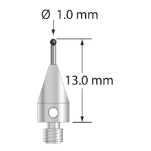 M3 stylus with 1.0 mm diameter silicon nitride ball, 0.8 mm diameter carbide stem, and 5.0 mm diameter x 9.0 mm long titanium base. Overall stylus length is 13.0 mm. Stylus weight is 0.57 gram. Compare to Zeiss 626113-0100-013.