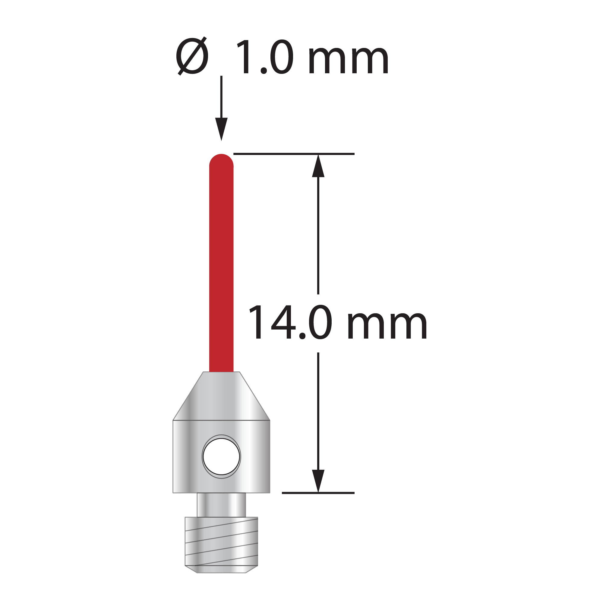 M3 cylinder stylus with 1.0 mm diameter ruby cylinder and 4.0 mm diameter x 5.0 mm long stainless steel base. Overall stylus length is 14.0 mm. Stylus weight is 0.46 gram.