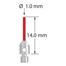 M3 cylinder stylus with 1.0 mm diameter ruby cylinder and 4.0 mm diameter x 5.0 mm long stainless steel base. Overall stylus length is 14.0 mm. Stylus weight is 0.46 gram.