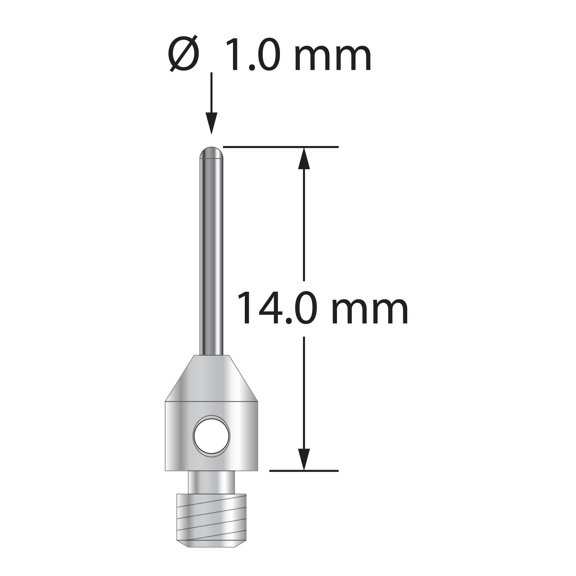 M3 cylinder stylus with 1.0 mm diameter carbide cylinder and 4.0 mm diameter x 5.0 mm long stainless steel base. Overall stylus length is 14.0 mm. Stylus weight is 0.55 gram.