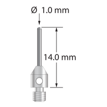 M3 cylinder stylus with 1.0 mm diameter carbide cylinder and 4.0 mm diameter x 5.0 mm long stainless steel base. Overall stylus length is 14.0 mm. Stylus weight is 0.55 gram.