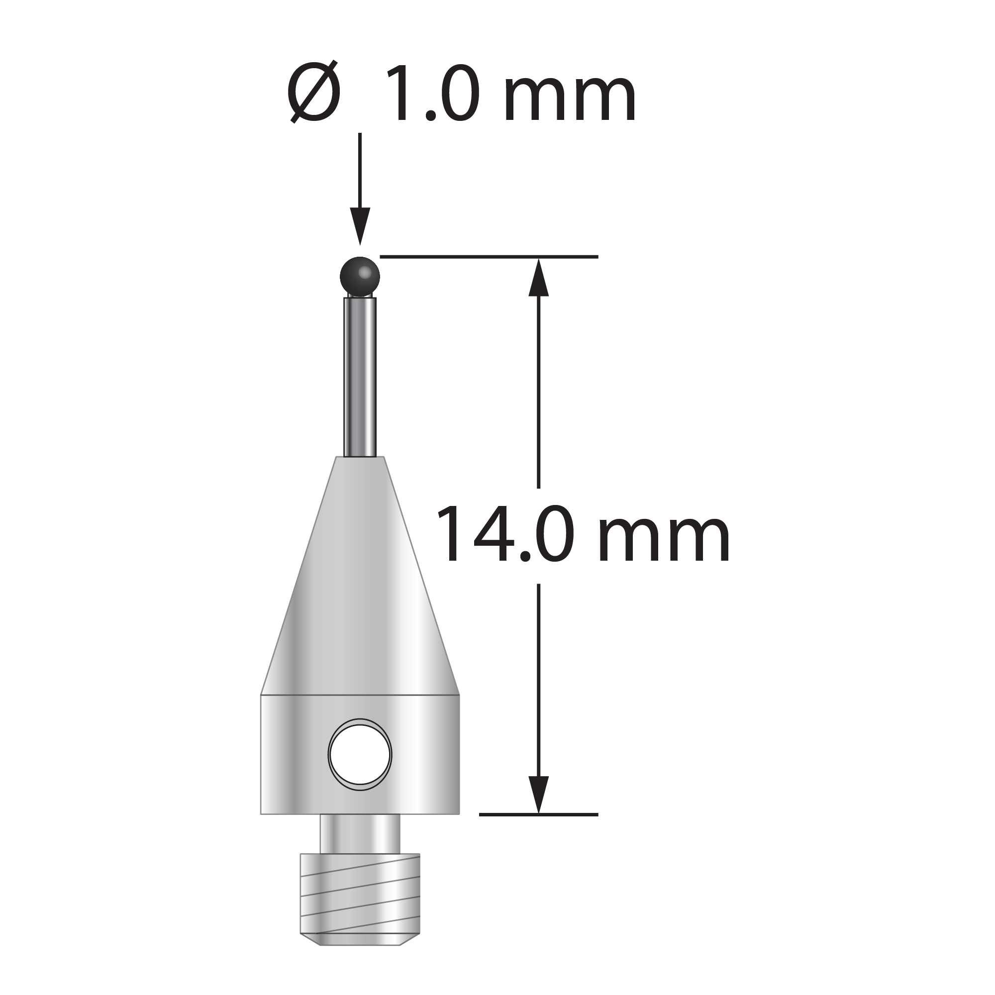 M3 stylus with 1.0 mm diameter silicon nitride ball, 0.8 mm diameter carbide stem, and 5.0 mm diameter x 9.0 mm long titanium base. Overall stylus length is 14.0 mm. Stylus weight is 0.58 gram.