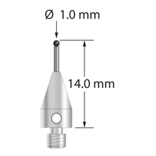 M3 stylus with 1.0 mm diameter silicon nitride ball, 0.8 mm diameter carbide stem, and 5.0 mm diameter x 9.0 mm long titanium base. Overall stylus length is 14.0 mm. Stylus weight is 0.58 gram.