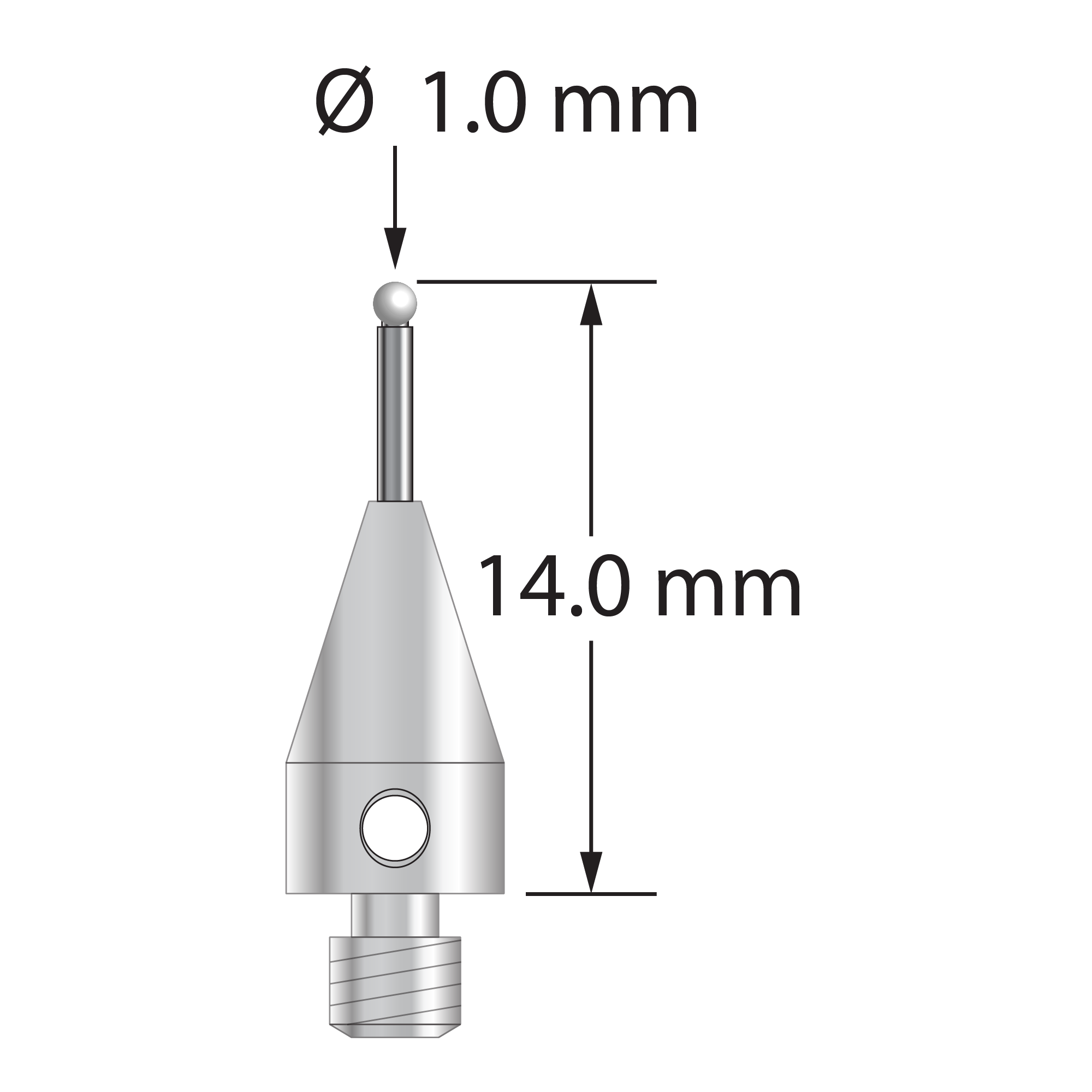 M3 stylus with 1.0 mm diameter zirconia ball, 0.8 mm diameter carbide stem, and 5.0 mm diameter x 9.0 mm long titanium base. Overall stylus length is 14.0 mm. Stylus weight is 0.58 gram.