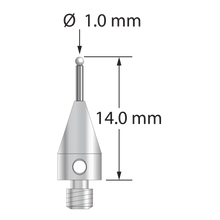 M3 stylus with 1.0 mm diameter zirconia ball, 0.8 mm diameter carbide stem, and 5.0 mm diameter x 9.0 mm long titanium base. Overall stylus length is 14.0 mm. Stylus weight is 0.58 gram.