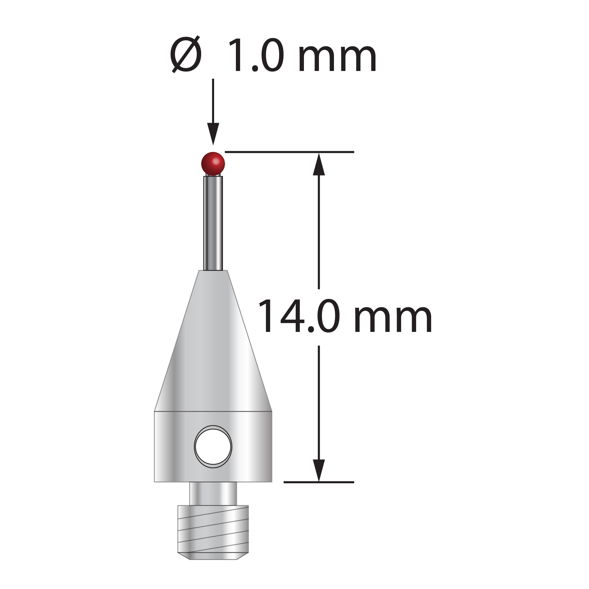 M3 stylus with 1.0 mm diameter ruby ball, 0.8 mm diameter carbide stem, and 5.0 mm diameter x 9.0 mm long titanium base. Overall stylus length is 14.0 mm. Stylus weight is 0.58 gram. Compare to Zeiss 626113-0100-014.