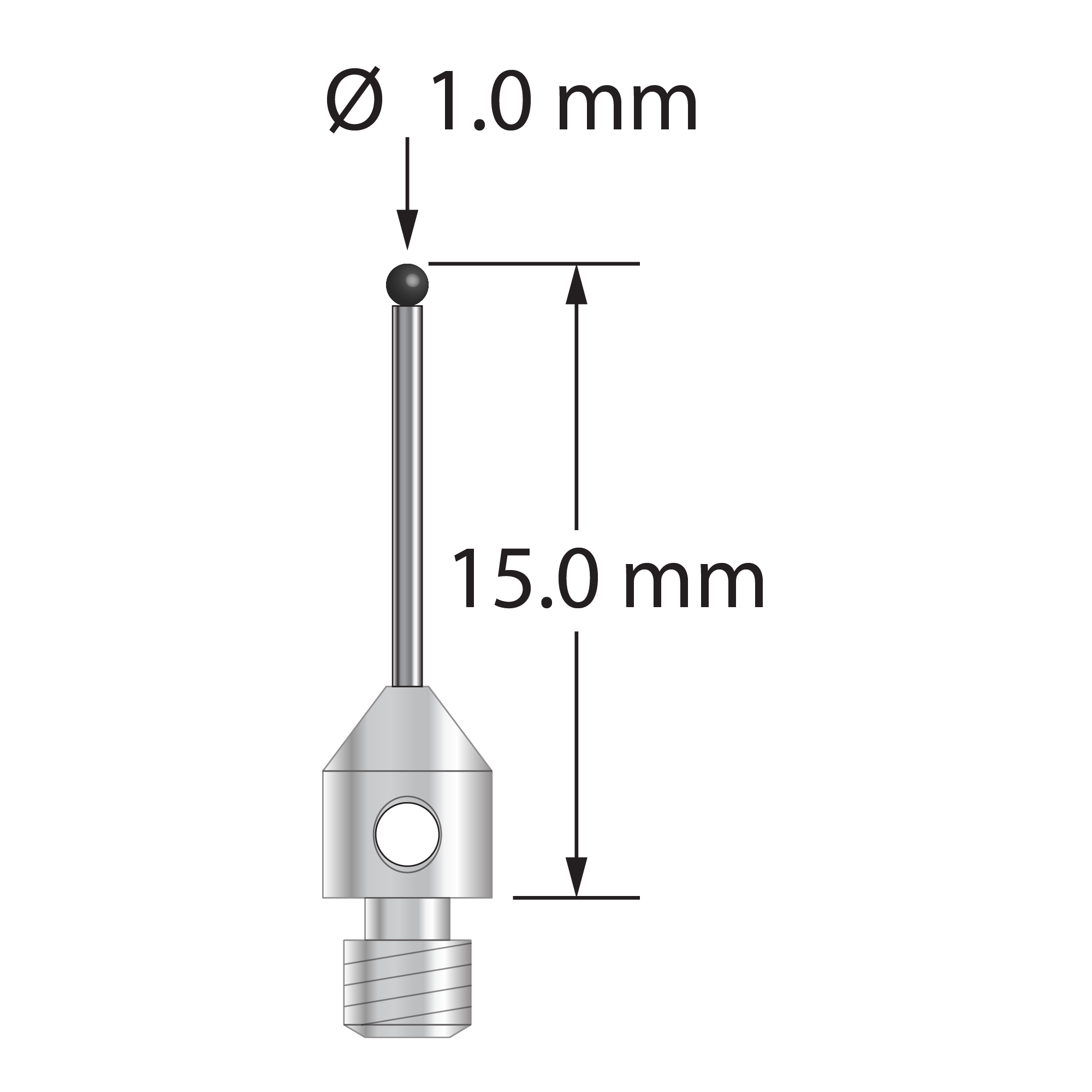 M3 stylus with 1.0 mm diameter silicon nitride ball, 0.7 mm diameter carbide stem, and 4.0 mm diameter x 5.0 mm long stainless steel base. Overall stylus length is 15.0 mm. Stylus weight is 0.49 gram.