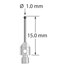 M3 stylus with 1.0 mm diameter silicon nitride ball, 0.7 mm diameter carbide stem, and 4.0 mm diameter x 5.0 mm long stainless steel base. Overall stylus length is 15.0 mm. Stylus weight is 0.49 gram.