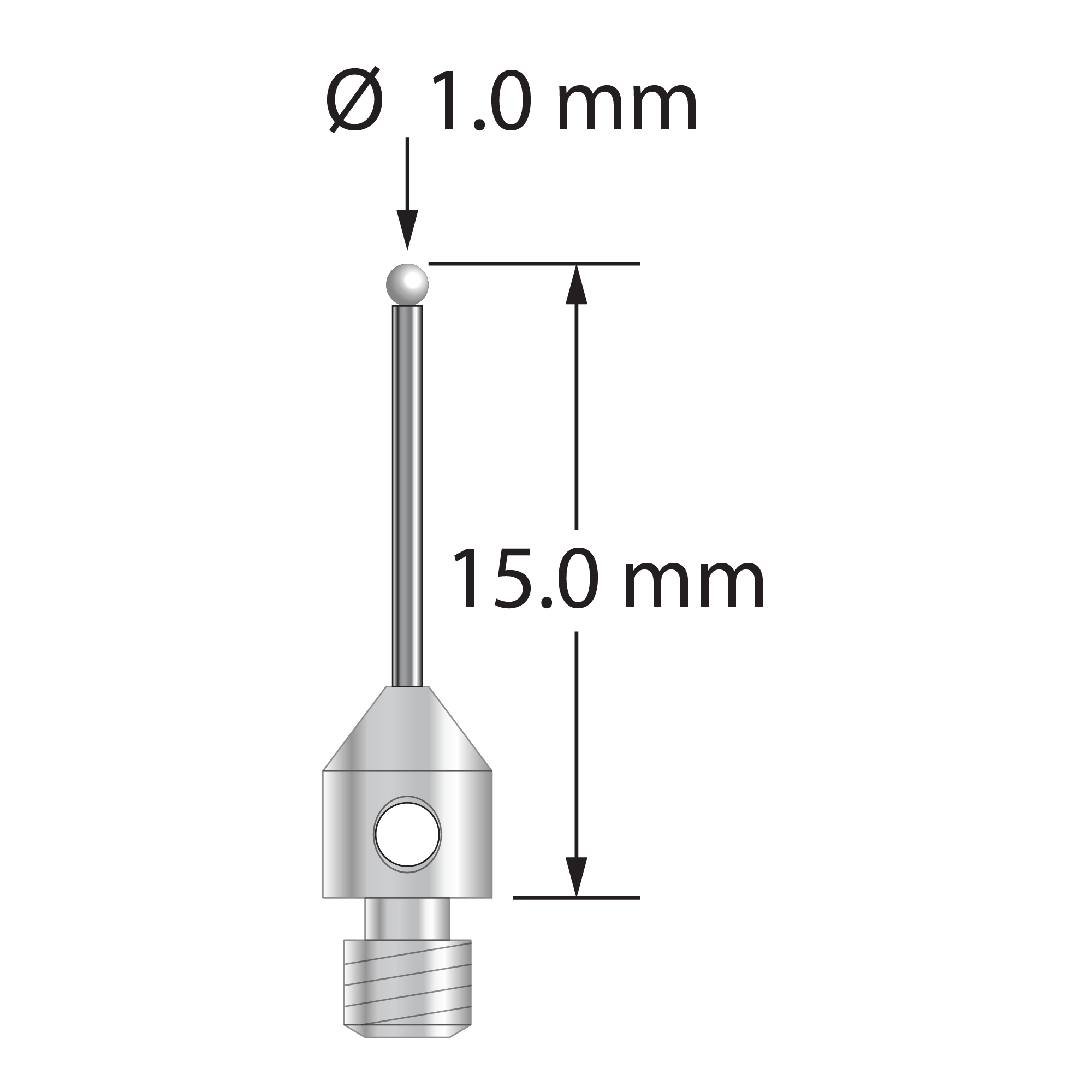 M3 stylus with 1.0 mm diameter zirconia ball, 0.7 mm diameter carbide stem, and 4.0 mm diameter x 5.0 mm long stainless steel base. Overall stylus length is 15.0 mm. Stylus weight is 0.49 gram.