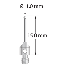 M3 stylus with 1.0 mm diameter zirconia ball, 0.7 mm diameter carbide stem, and 4.0 mm diameter x 5.0 mm long stainless steel base. Overall stylus length is 15.0 mm. Stylus weight is 0.49 gram.