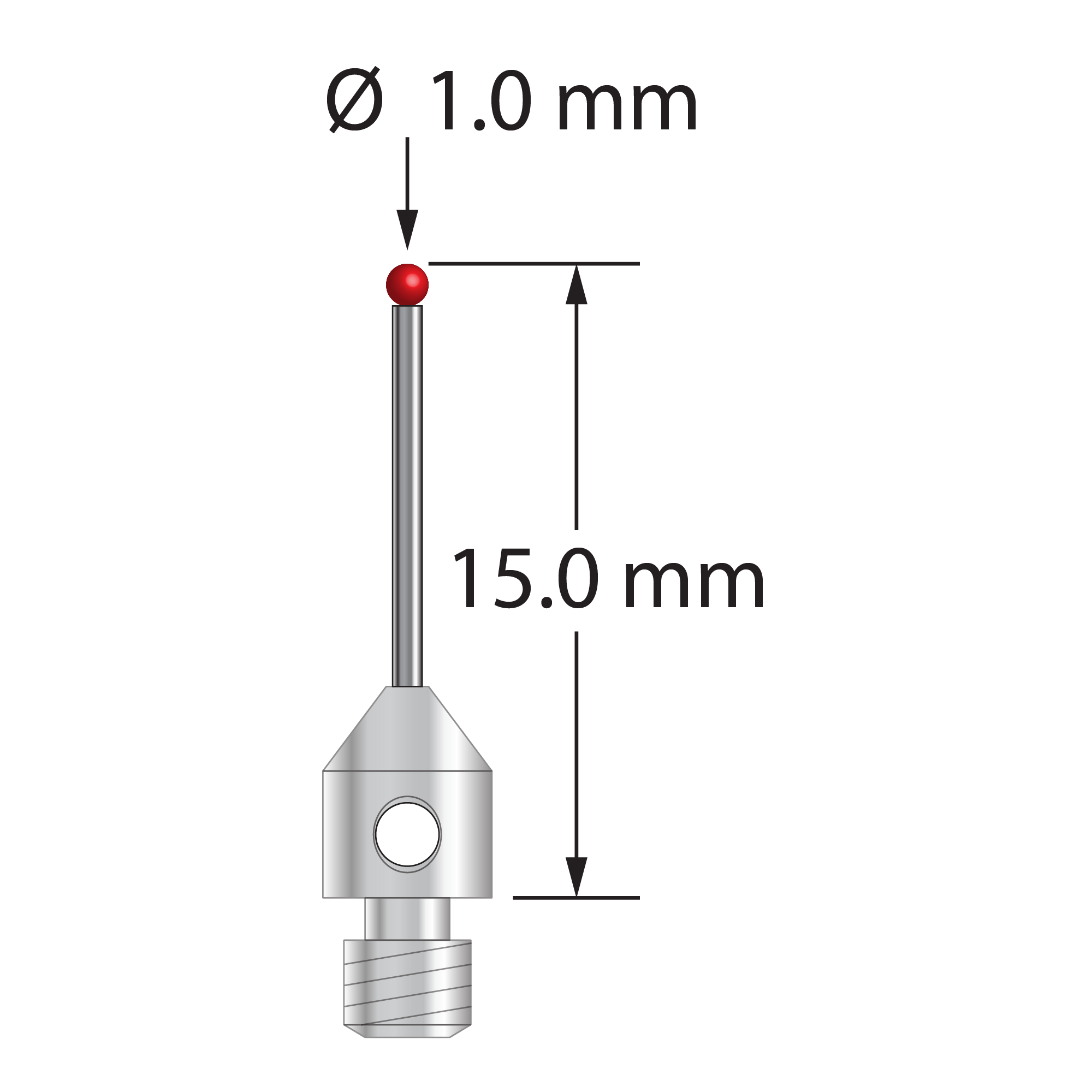 M3 stylus with 1.0 mm diameter ruby ball, 0.7 mm diameter carbide stem, and 4.0 mm diameter x 5.0 mm long stainless steel base. Overall stylus length is 15.0 mm. Stylus weight is 0.49 gram.