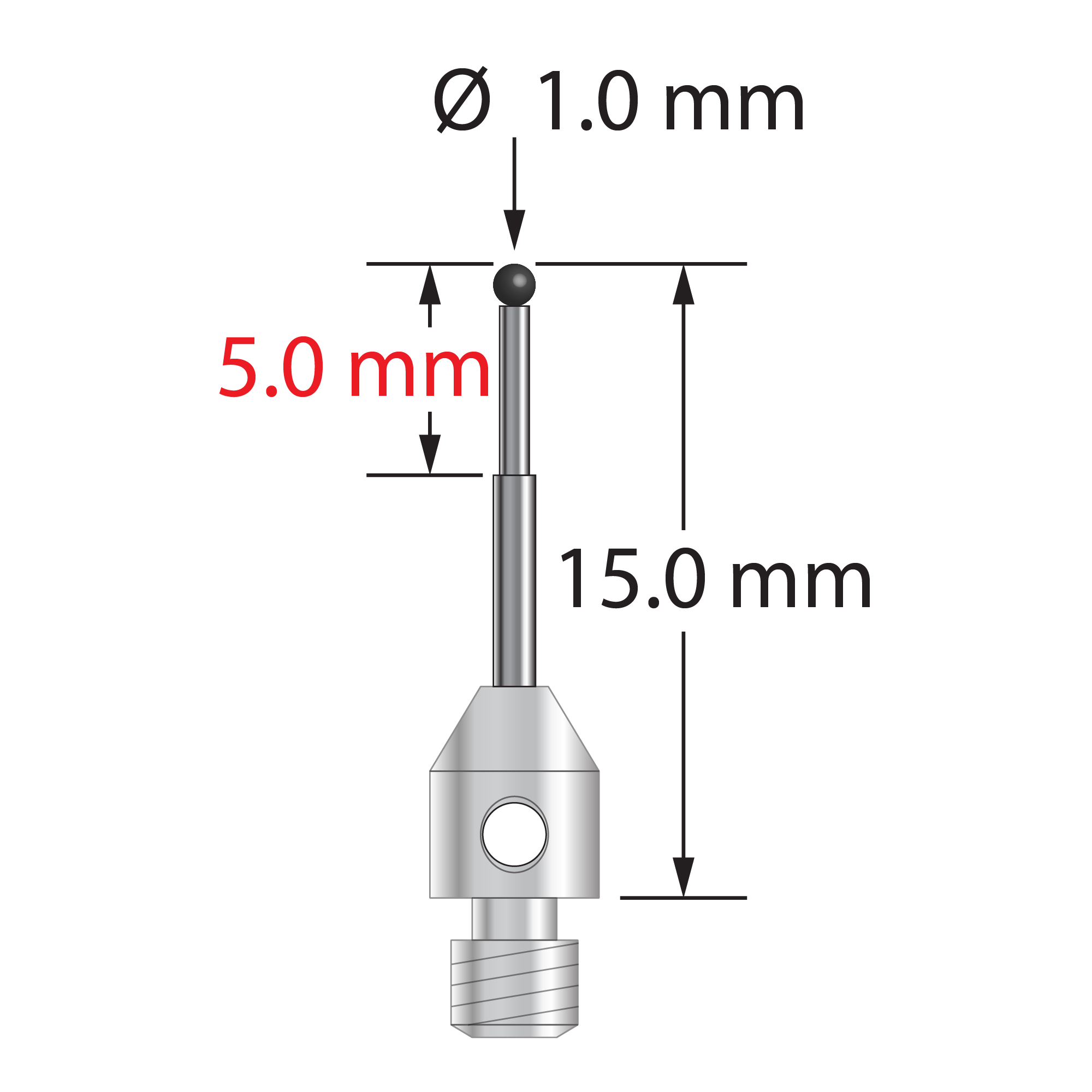 M3 stylus with 1.0 mm diameter silicon nitride ball, stepped carbide stem, and 4.0 mm diameter x 5.0 mm long stainless steel base. Minor stem diameter is 0.7 mm; major diameter is 1.0 mm. Overall length is 15.0 mm. Stylus weight is 0.60 gram.