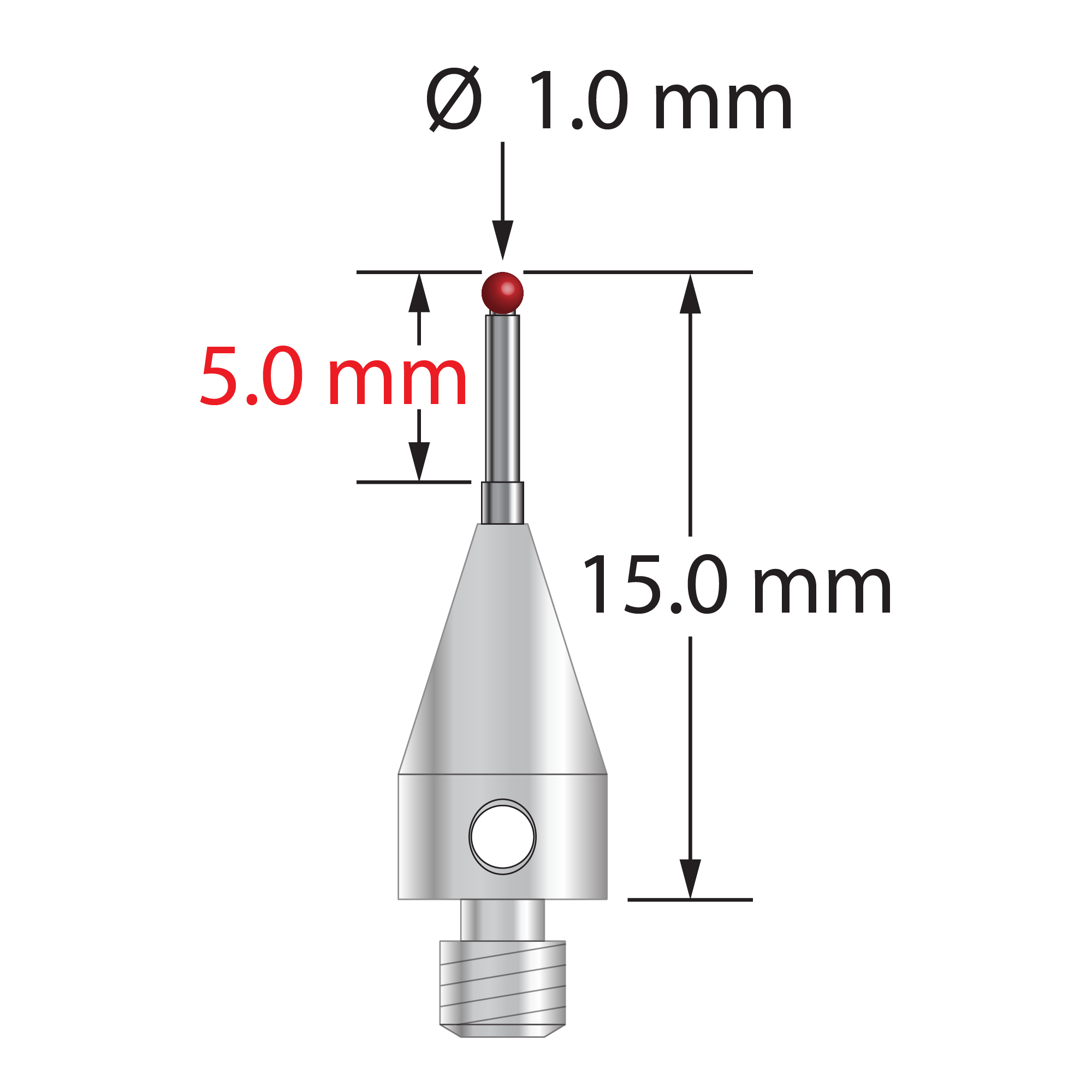 M3 XXT stylus with 1.0 mm diameter ruby ball, stepped carbide stem, and 5.0 mm diameter x 9.0 mm long titanium base. Minor stylus diameter is 0.8 mm; major diameter is 1.0 mm. Overall stylus length is 15.0 mm. Stylus weight is 0.51 gram. Compare to Zeiss 626103-0045-015.