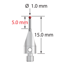 M3 XXT stylus with 1.0 mm diameter ruby ball, stepped carbide stem, and 5.0 mm diameter x 9.0 mm long titanium base. Minor stylus diameter is 0.8 mm; major diameter is 1.0 mm. Overall stylus length is 15.0 mm. Stylus weight is 0.51 gram. Compare to Zeiss 626103-0045-015.