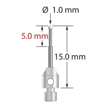 M3 stylus with 1.0 mm diameter zirconia ball, stepped carbide stem, and 4.0 mm diameter x 5.0 mm long stainless steel base. Minor stem diameter is 0.7 mm; major diameter is 1.0 mm. Overall length is 15.0 mm. Stylus weight is 0.60 gram.