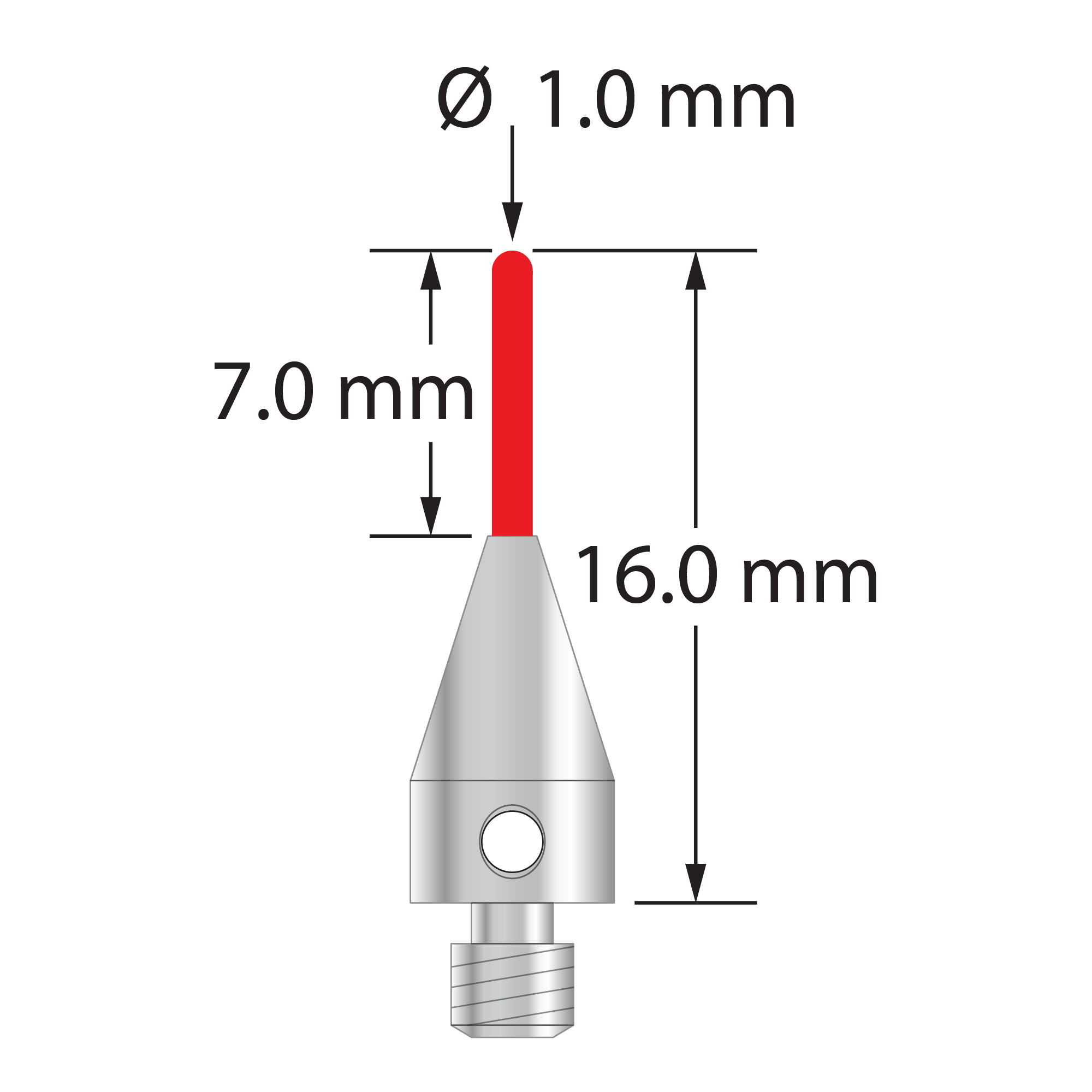 M3 stylus with 1.0 mm diameter ruby cylinder and 5.0 mm diameter x 9.0 mm long titanium base. Overall stylus length is 16.0 mm. Stylus weight is 0.53 gram. Compare to Zeiss 626113-0100-016.