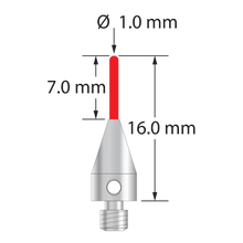 M3 stylus with 1.0 mm diameter ruby cylinder and 5.0 mm diameter x 9.0 mm long titanium base. Overall stylus length is 16.0 mm. Stylus weight is 0.53 gram. Compare to Zeiss 626113-0100-016.
