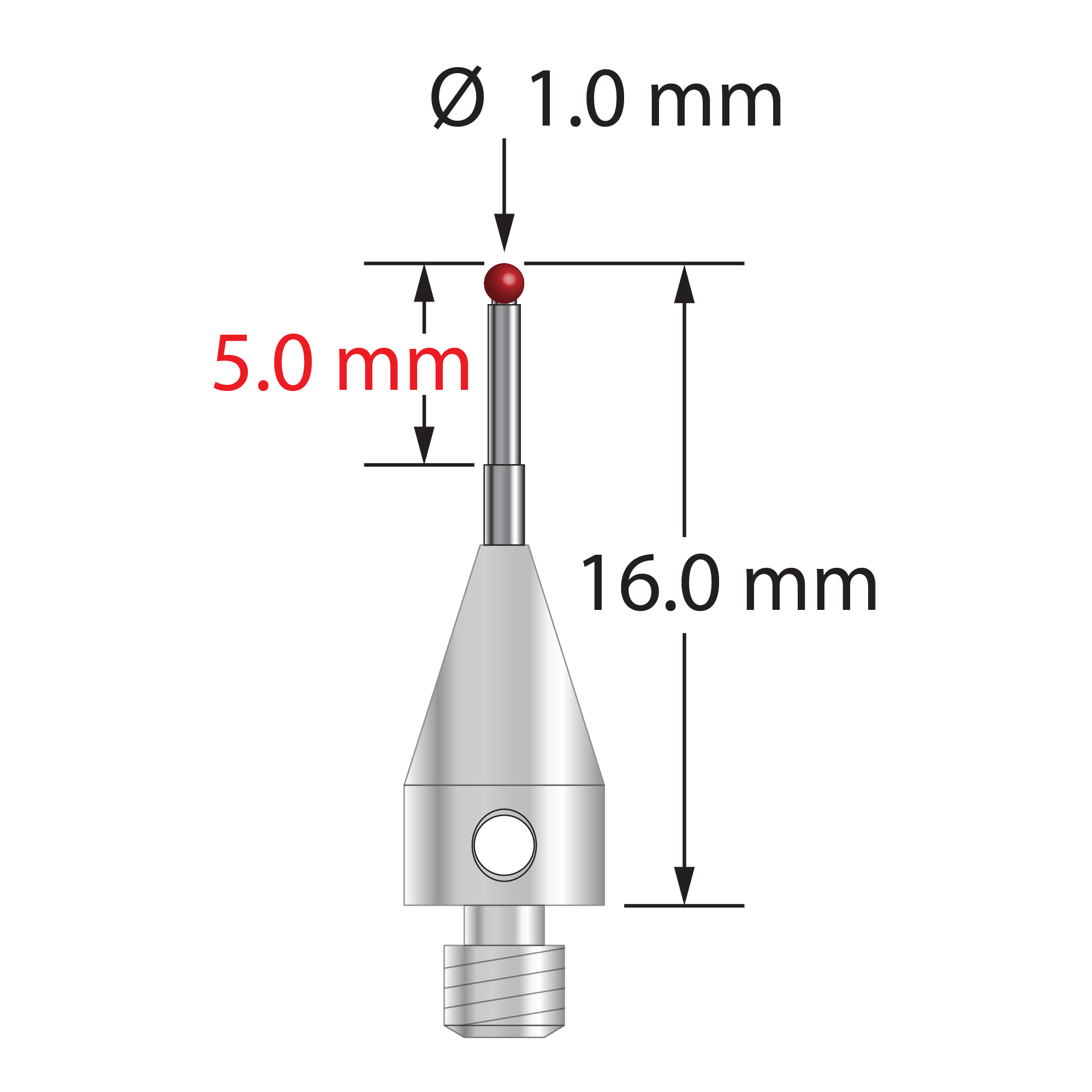 M3 XXT stylus with 1.0 mm diameter ruby ball, stepped carbide stem, and 5.0 mm diameter x 9.0 mm long titanium base. Minor stylus diameter is 0.8 mm; major diameter is 1.0 mm. Overall stylus length is 16.0 mm. Stylus weight is 0.52 gram. Compare to Zeiss 626103-0044-016.