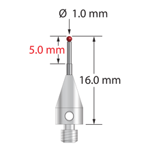 M3 XXT stylus with 1.0 mm diameter ruby ball, stepped carbide stem, and 5.0 mm diameter x 9.0 mm long titanium base. Minor stylus diameter is 0.8 mm; major diameter is 1.0 mm. Overall stylus length is 16.0 mm. Stylus weight is 0.52 gram. Compare to Zeiss 626103-0044-016.