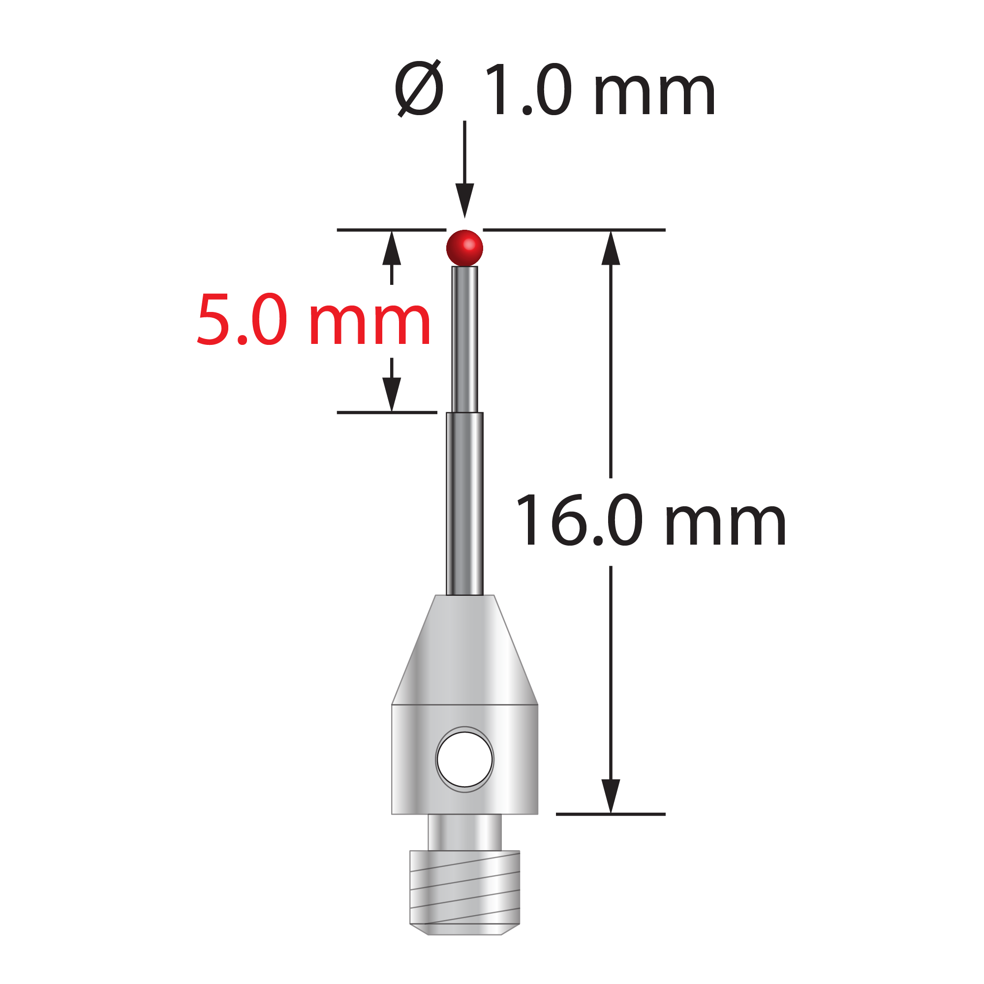 M3 stylus with 1.0 mm diameter ruby ball, stepped carbide stem, and 4.0 mm diameter x 6.0 mm long stainless steel base. Minor stem diameter is 0.8 mm; major stem diameter is 1.0 mm. Overall length is 16.0 mm. Stylus weight is 0.65 gram. Compare to Zeiss 626123-0044-016.