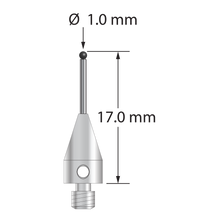 M3 Therm-X stylus with 1.0 mm diameter silicon nitride ball, 0.8 mm diameter carbide stem, and 5.0 mm diameter x 9.0 mm long titanium base. Overall stylus length is 17.0 mm. Stylus weight is 0.68 gram.