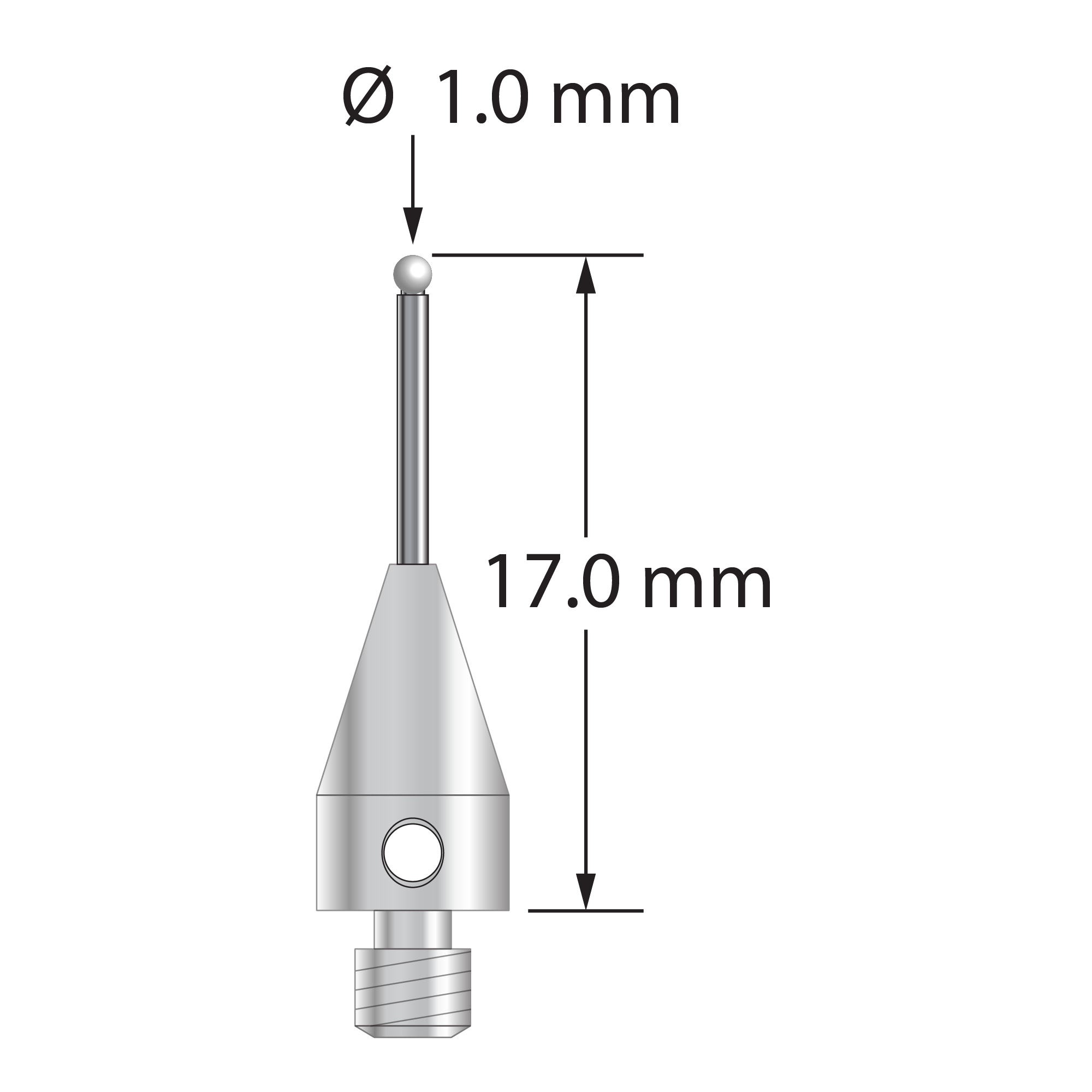 M3 Therm-X stylus with 1.0 mm diameter zirconia ball, 0.8 mm diameter carbide stem, and 5.0 mm diameter x 9.0 mm long titanium base. Overall stylus length is 17.0 mm. Stylus weight is 0.68 gram.