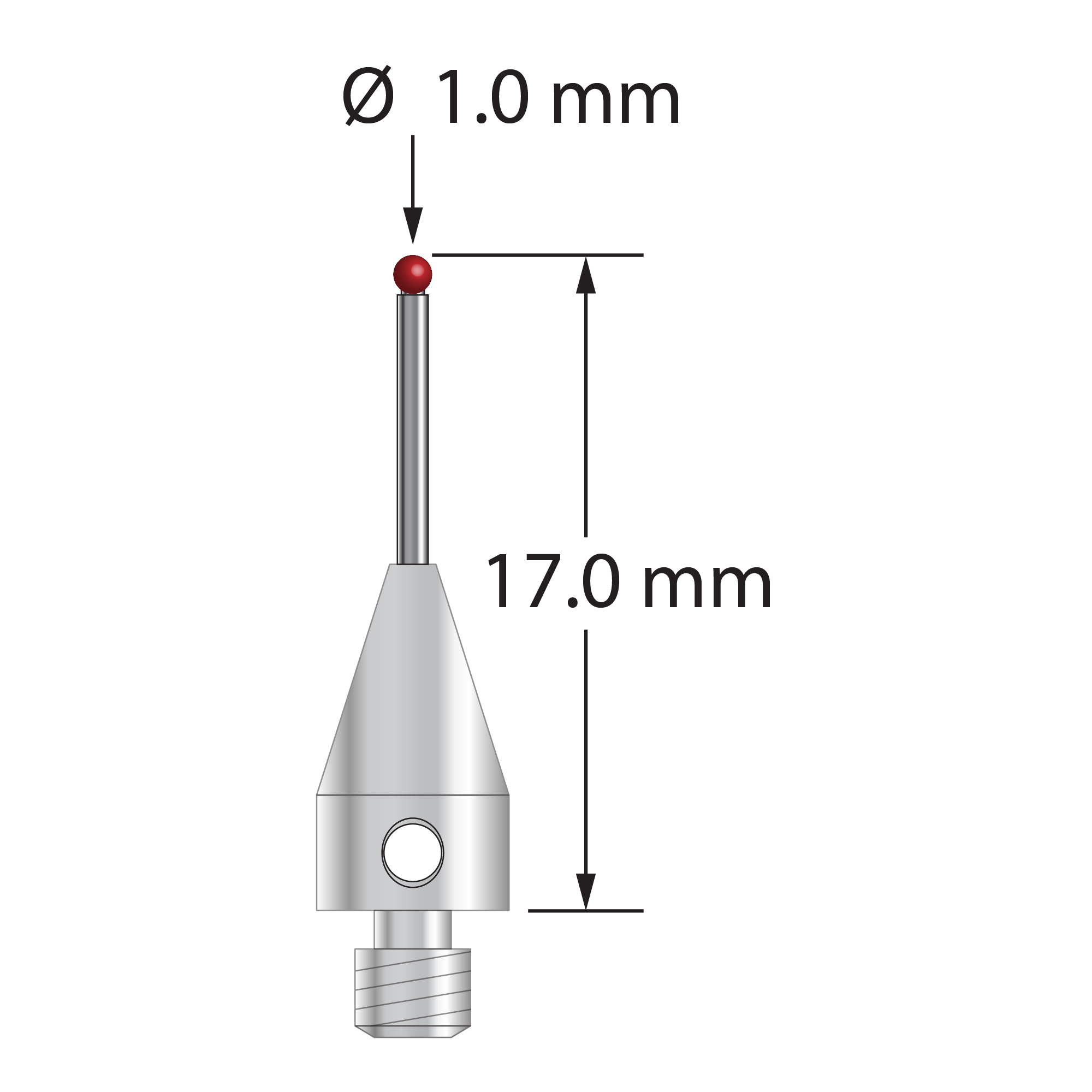 M3 Therm-X stylus with 1.0 mm diameter ruby ball, 0.8 mm diameter carbide stem, and 5.0 mm diameter x 9.0 mm long titanium base. Overall stylus length is 17.0 mm. Stylus weight is 0.68 gram. Compare to Zeiss 626113-0100-017.