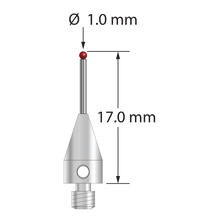 M3 Therm-X stylus with 1.0 mm diameter ruby ball, 0.8 mm diameter carbide stem, and 5.0 mm diameter x 9.0 mm long titanium base. Overall stylus length is 17.0 mm. Stylus weight is 0.68 gram. Compare to Zeiss 626113-0100-017.
