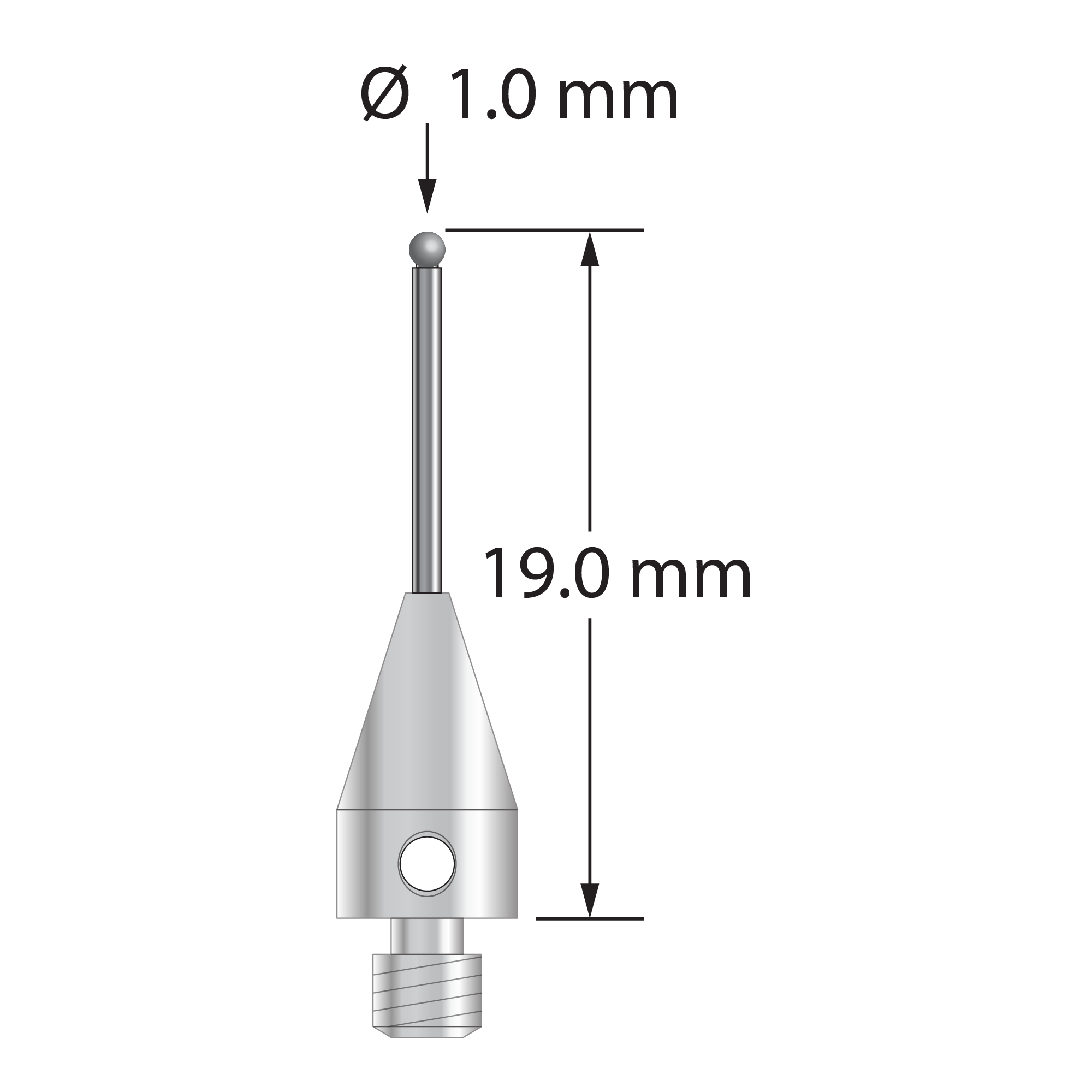 M3 stylus with 1.0 mm diameter diamond sphere, 0.8 mm diameter carbide stem, and 5.0 mm diameter x 9.0 mm long titanium base. Overall stylus length is 19.0 mm. Stylus weight is 0.70 gram. Compare to Zeiss 626113-0109-019.