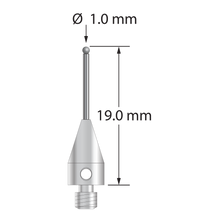 M3 stylus with 1.0 mm diameter diamond sphere, 0.8 mm diameter carbide stem, and 5.0 mm diameter x 9.0 mm long titanium base. Overall stylus length is 19.0 mm. Stylus weight is 0.70 gram. Compare to Zeiss 626113-0109-019.