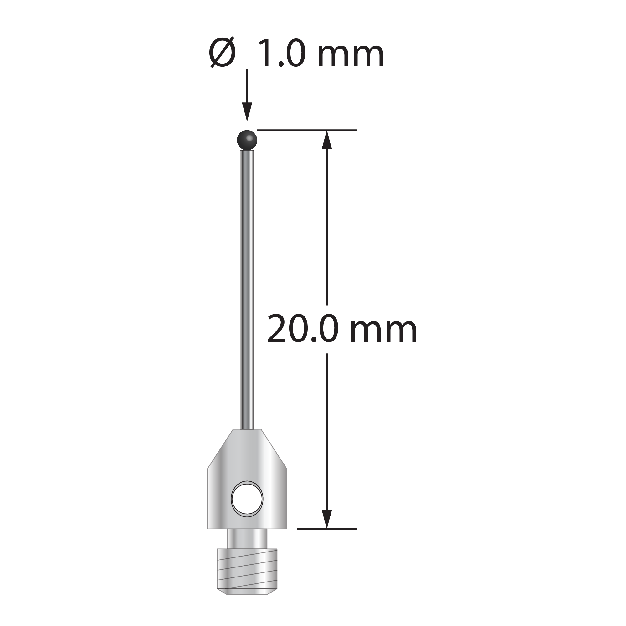 M3 stylus with 1.0 mm diameter silicon nitride ball, 0.7 mm diameter carbide stem, and 4.0 mm diameter x 5.0 mm long stainless steel base. Overall length is 20.0 mm. Stylus weight is 0.58 gram.