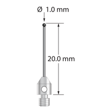M3 stylus with 1.0 mm diameter silicon nitride ball, 0.7 mm diameter carbide stem, and 4.0 mm diameter x 5.0 mm long stainless steel base. Overall length is 20.0 mm. Stylus weight is 0.58 gram.