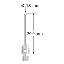 M3 stylus with 1.0 mm diameter zirconia ball, 0.7 mm diameter carbide stem, and 4.0 mm diameter x 5.0 mm long stainless steel base. Overall length is 20.0 mm. Stylus weight is 0.58 gram.