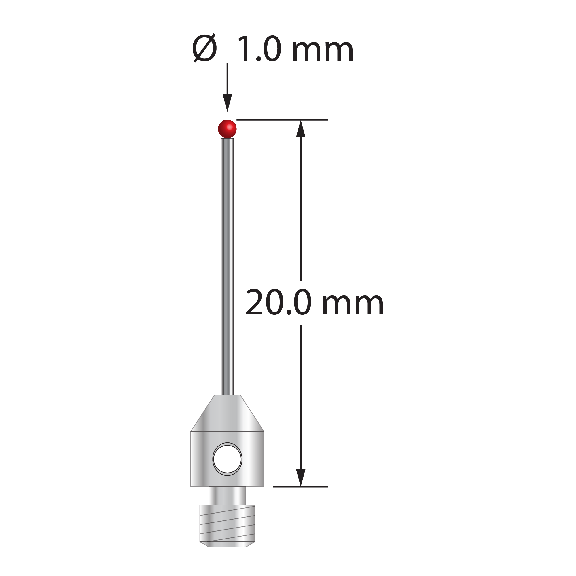 M3 stylus with 1.0 mm diameter ruby ball, 0.7 mm diameter carbide stem, and 4.0 mm diameter x 5.0 mm long stainless steel base. Overall length is 20.0 mm. Stylus weight is 0.58 gram.