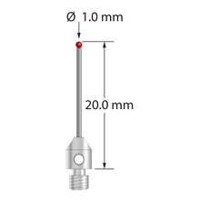 M3 stylus with 1.0 mm diameter ruby ball, 0.7 mm diameter carbide stem, and 4.0 mm diameter x 5.0 mm long stainless steel base. Overall length is 20.0 mm. Stylus weight is 0.58 gram.