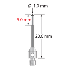 M3 stylus with 1.0 mm diameter silicon nitride ball, stepped carbide shaft, and 4.0 mm diameter x 5.0 mm long stainless steel base. Minor stem diameter is 0.7 mm; major stem diameter is 1.0 mm. Overall length is 20.0 mm. Stylus weight is 0.66 gram.
