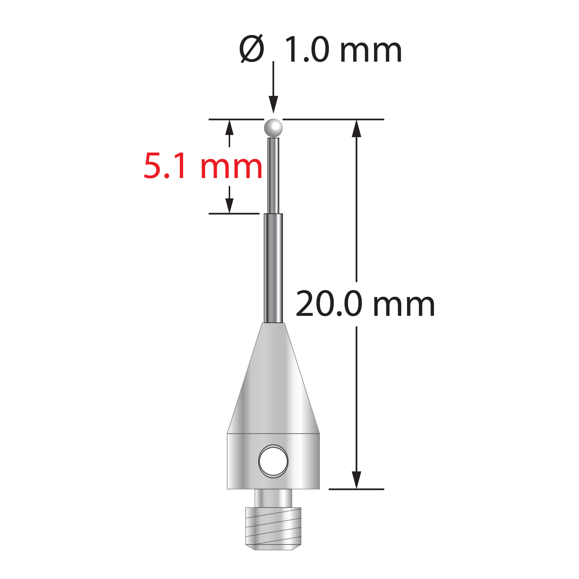M3 XXT stylus with 1.0 mm diameter zirconia ball, stepped carbide stem, and 5.0 mm diameter x 9.0 mm long titanium base. Minor stem diameter is 0.6 mm; major diameter is 1.0 mm. Overall stylus length is 20.0 mm. Stylus weight is 0.61 gram.