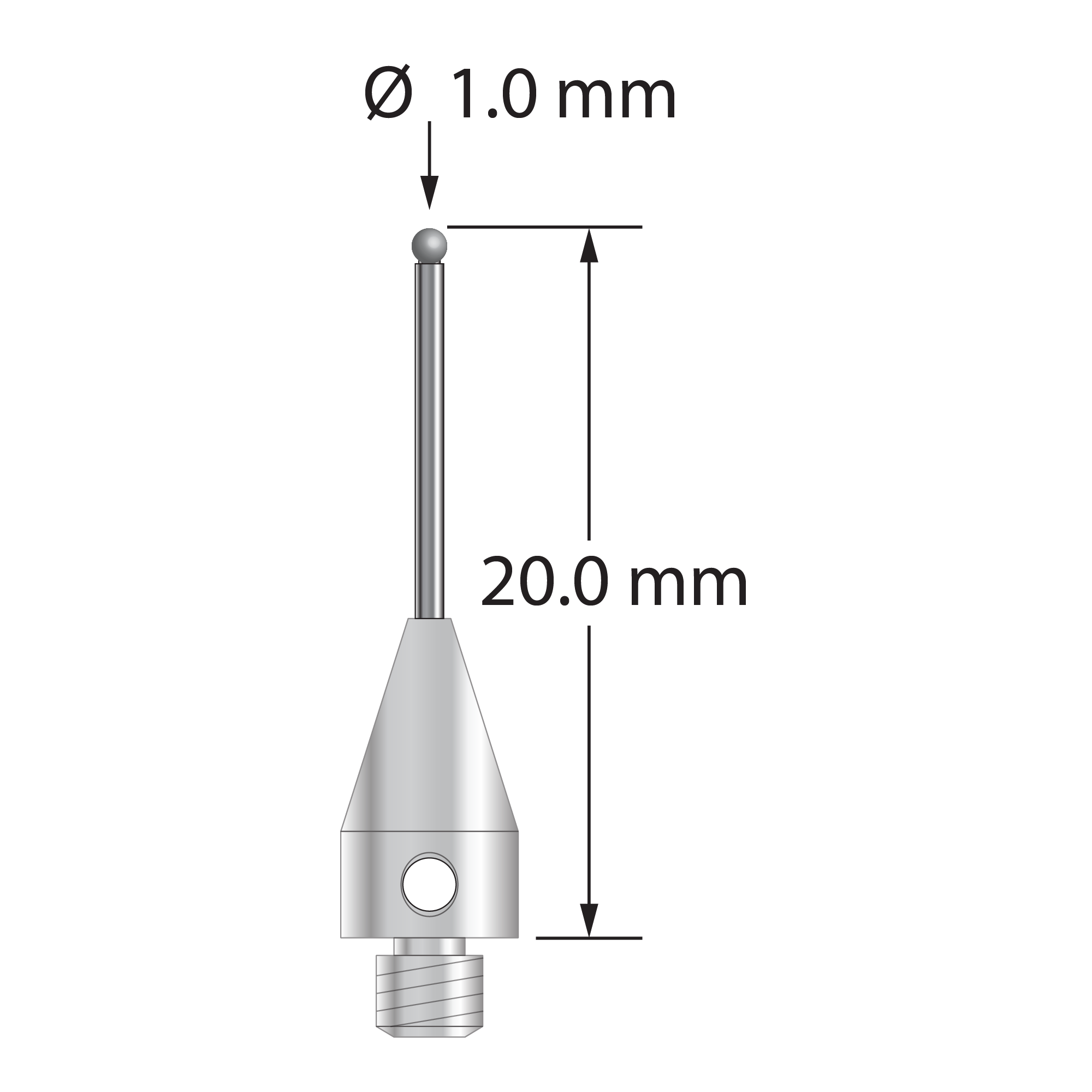 M3 XXT stylus with 1.0 mm diameter diamond sphere, 0.8 mm diameter carbide stem, and 5.0 mm diameter x 9.0 mm long titanium base. Overall stylus length is 20.0 mm. Stylus weight is 0.71 gram. Compare to Zeiss 626113-0109-020.