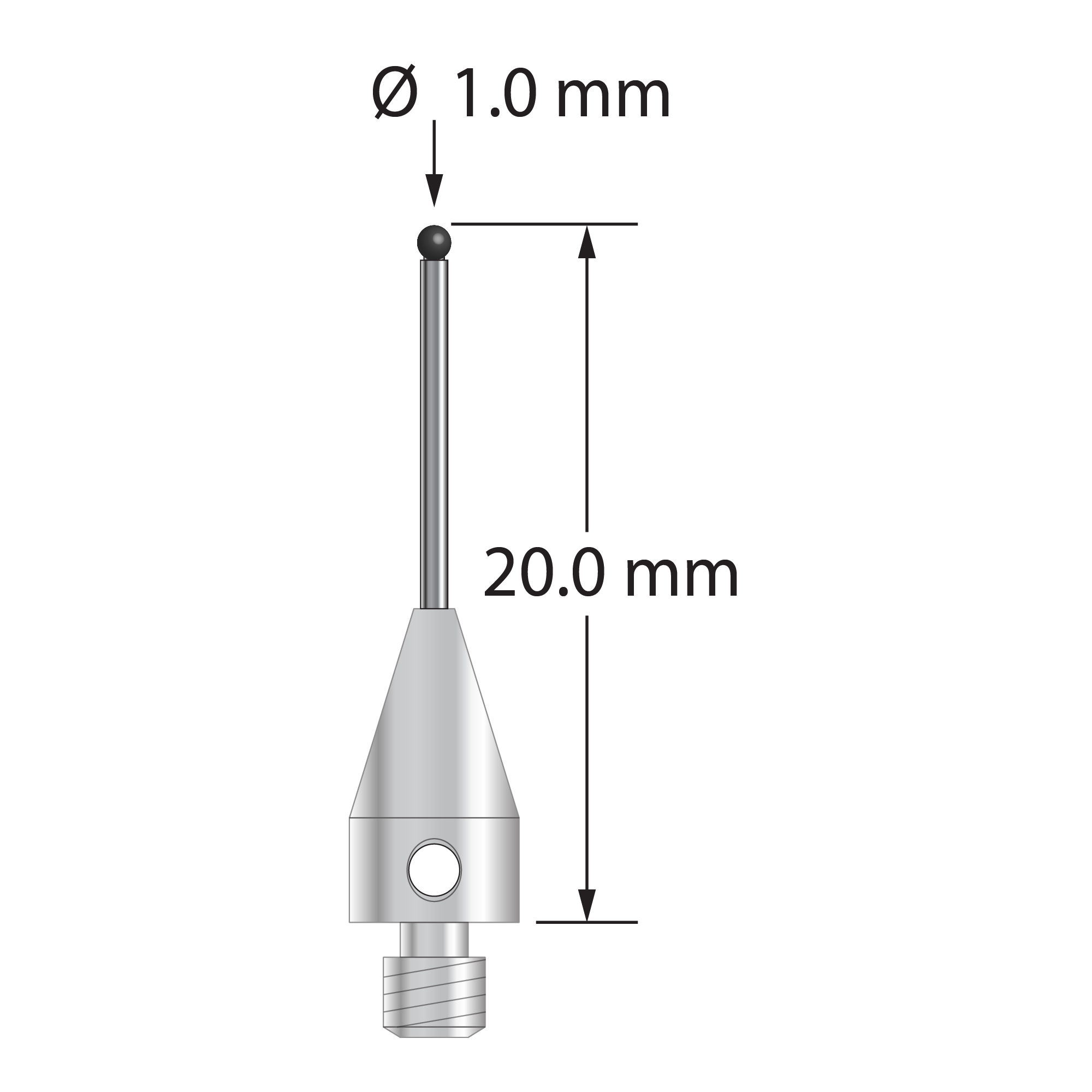 M3 XXT stylus with 1.0 mm diameter silicon nitride ball, 0.8 mm diameter carbide stem, and 5.0 mm diameter x 9.0 mm long titanium base. Overall stylus length is 20.0 mm. Stylus weight is 0.71 gram.