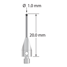 M3 XXT stylus with 1.0 mm diameter silicon nitride ball, 0.8 mm diameter carbide stem, and 5.0 mm diameter x 9.0 mm long titanium base. Overall stylus length is 20.0 mm. Stylus weight is 0.71 gram.
