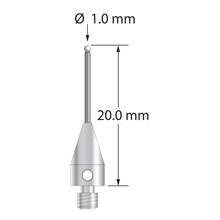 M3 XXT stylus with 1.0 mm diameter zirconia ball, 0.8 mm diameter carbide stem, and 5.0 mm diameter x 9.0 mm long titanium base. Overall stylus length is 20.0 mm. Stylus weight is 0.71 gram.
