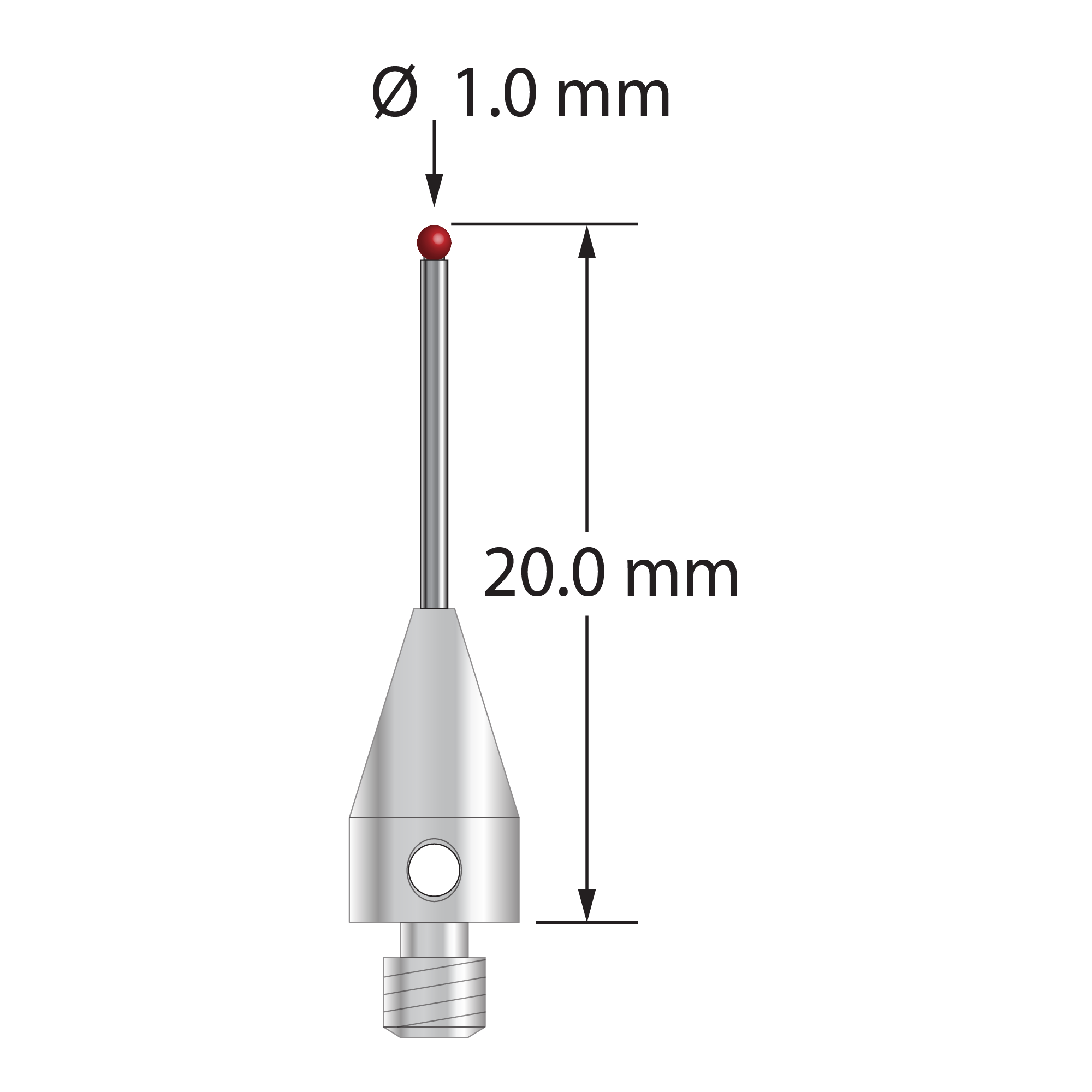 M3 XXT stylus with 1.0 mm diameter ruby ball, 0.8 mm diameter carbide stem, and 5.0 mm diameter x 9.0 mm long titanium base. Overall stylus length is 20.0 mm. Stylus weight is 0.71 gram. Compare to Zeiss 626113-0103-020.