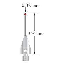 M3 XXT stylus with 1.0 mm diameter ruby ball, 0.8 mm diameter carbide stem, and 5.0 mm diameter x 9.0 mm long titanium base. Overall stylus length is 20.0 mm. Stylus weight is 0.71 gram. Compare to Zeiss 626113-0103-020.