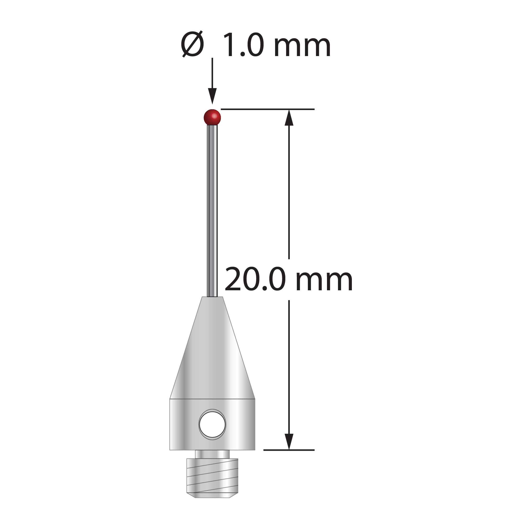 M3 XXT stylus with 1.0 mm diameter ruby ball, 0.6 mm diameter carbide stem, and 5.0 mm diameter x 9.0 mm long titanium base. Overall stylus length is 20.0 mm. Stylus weight is 0.51 gram. Compare to Zeiss 626113-0105-020.