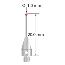 M3 XXT stylus with 1.0 mm diameter ruby ball, 0.6 mm diameter carbide stem, and 5.0 mm diameter x 9.0 mm long titanium base. Overall stylus length is 20.0 mm. Stylus weight is 0.51 gram. Compare to Zeiss 626113-0105-020.