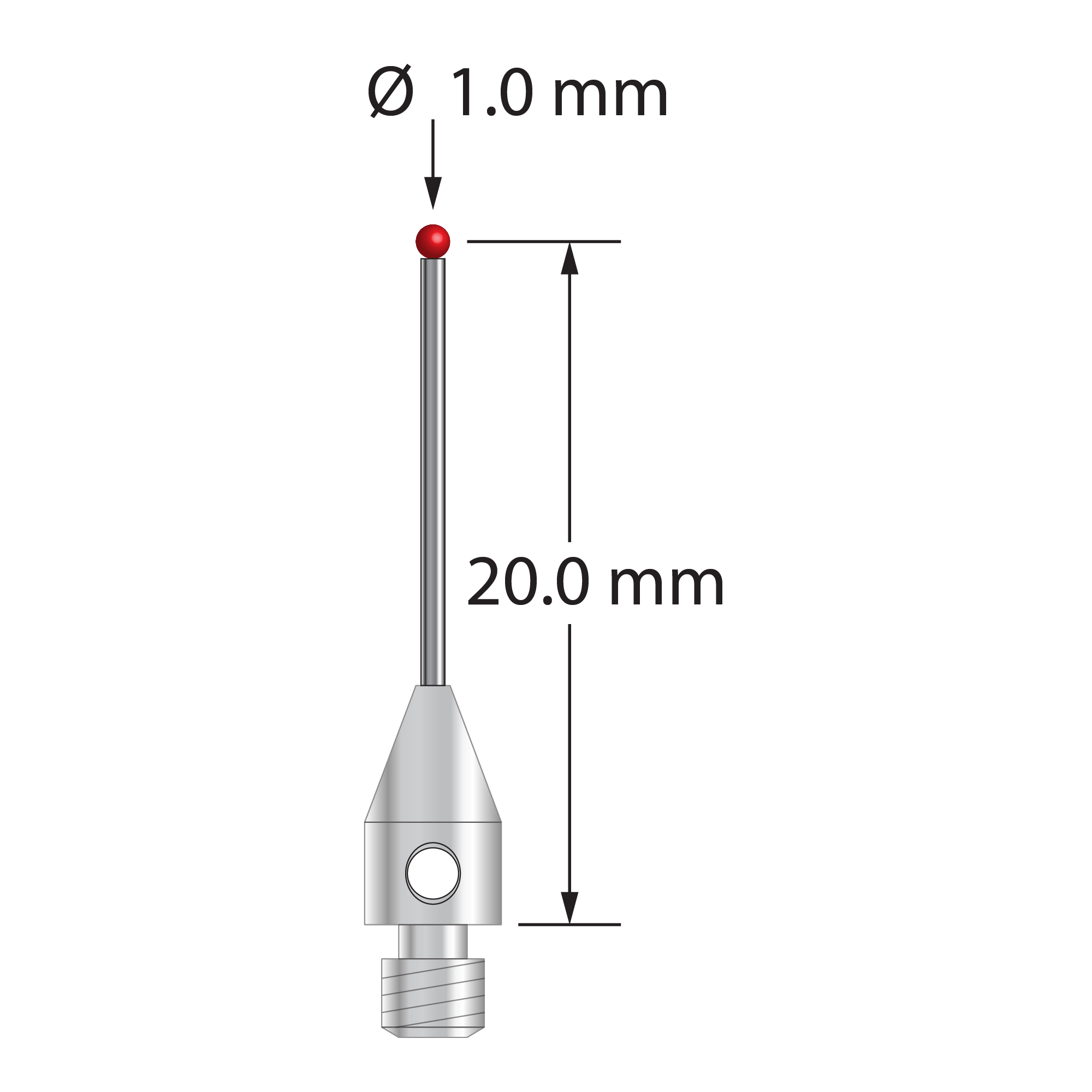 M3 stylus with 1.0 mm diameter ruby ball, 0.7 mm diameter carbide stem, and 4.0 mm diameter x 8.0 mm long stainless steel base. Stylus length to ball center is 20.0 mm. Stylus weight is 0.59 gram. Compare to Renishaw A-5004-2442.