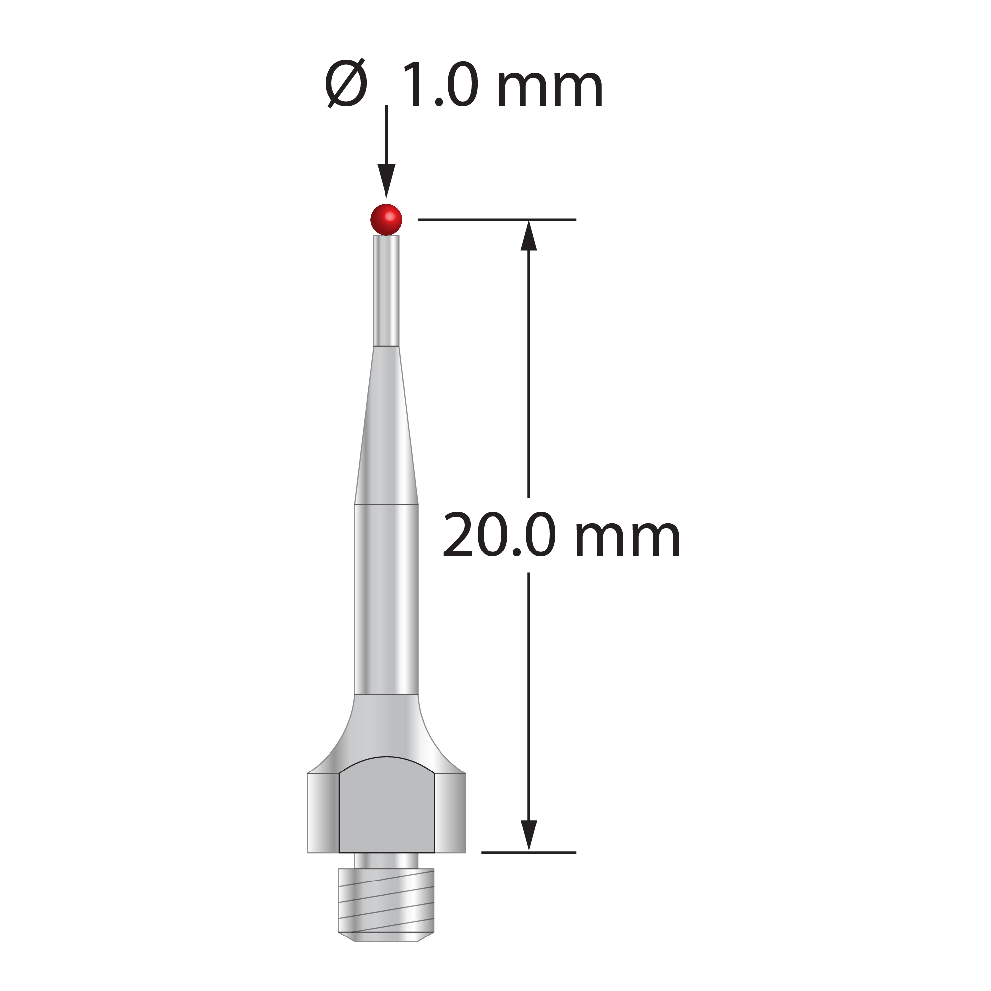 M3 Hexagon compatible stylus with 1.0 mm diameter ruby ball, tapered stainless steel stem and 5.0 mm diameter stainless steel base with 4.0 mm wrench flats for tightening. Stylus length to ball center is 20.0 mm. Compare to Hexagon M00-694-214-000.